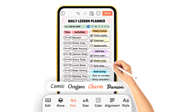hand using stylus to edit daily lesson planner template
