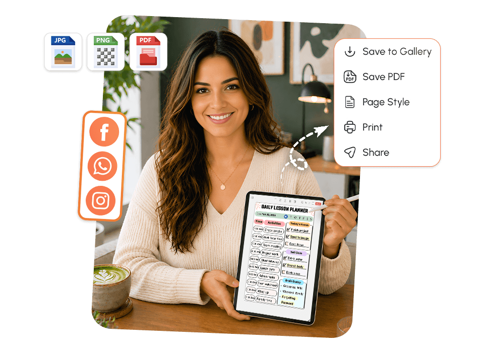 woman holding tablet with daily lesson planner showing save as JPG, PNG, PDF and social share options