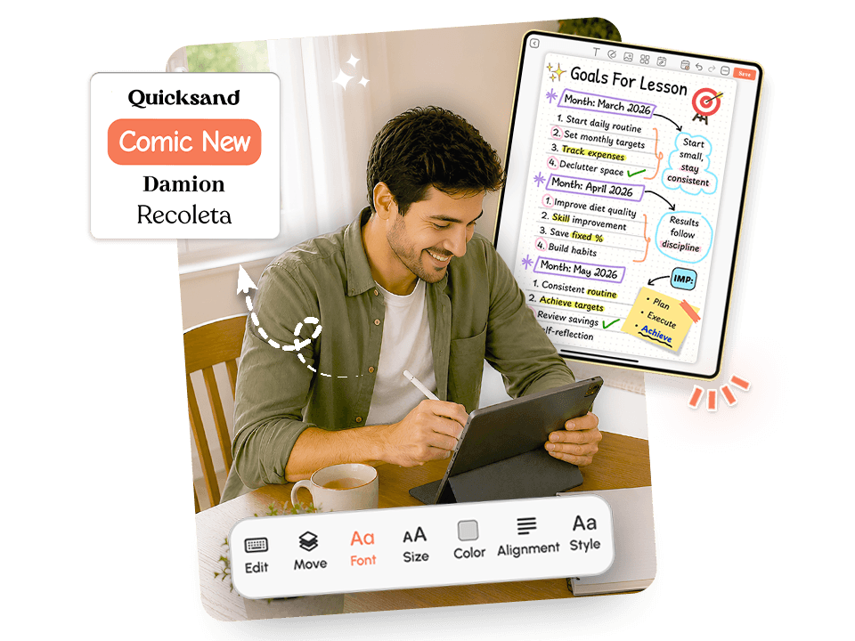 man using stylus on tablet with goals for lesson planner showing font style options