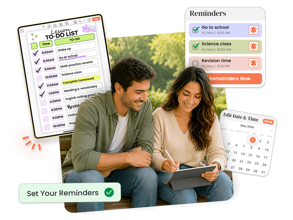 couple using tablet with lesson to-do list showing reminders for school, science class, revision time
