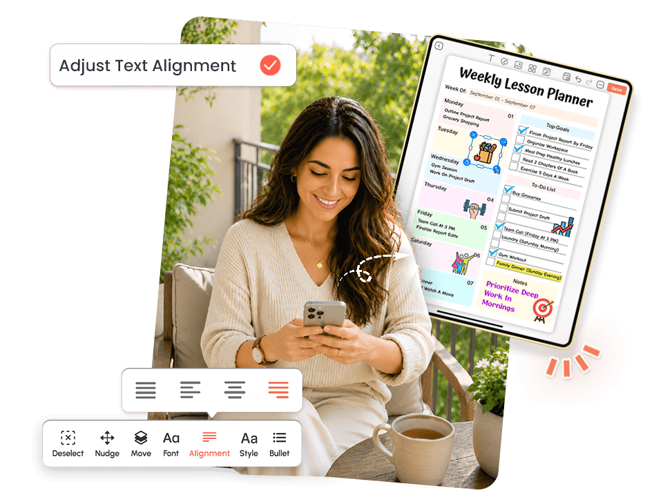 woman on phone with weekly lesson planner showing text alignment and bullet editing tools