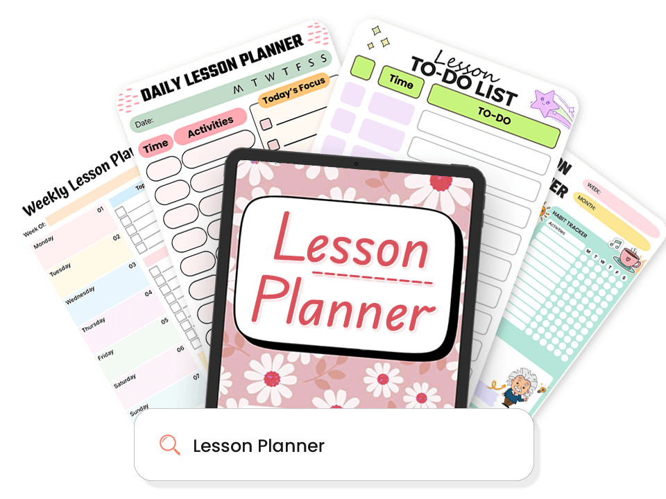 Collection of various lesson planner templates surrounding a tablet displaying floral-patterned lesson planner cover