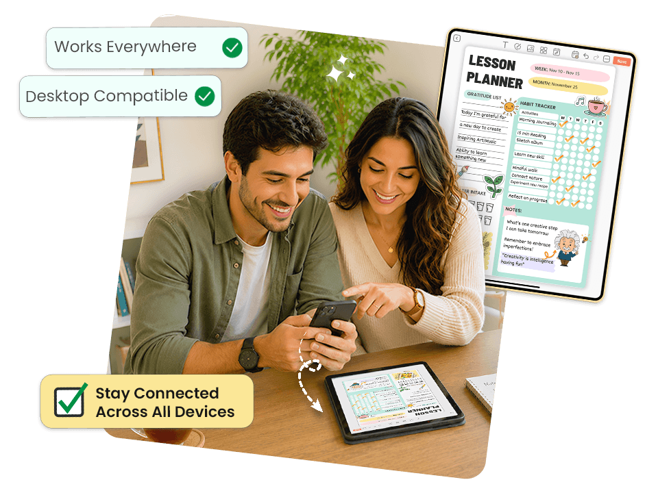 couple using phone and tablet with lesson planner showing works on all devices including desktop