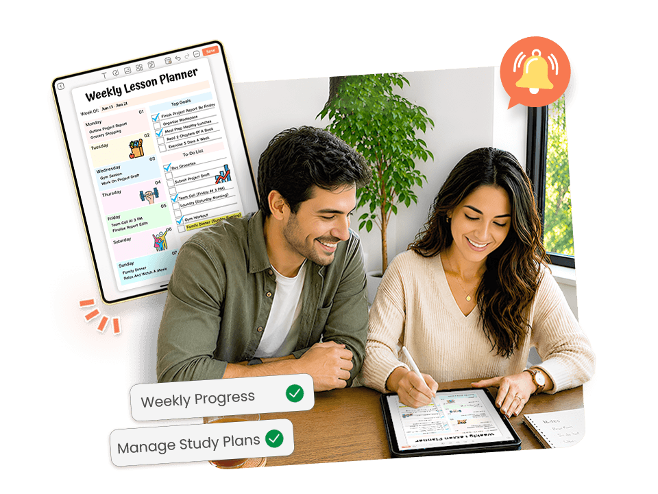 couple using tablet with weekly lesson planner showing weekly progress and study plan tracking