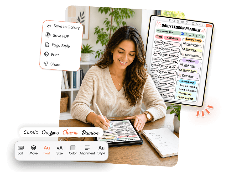 women using tablet with daily lesson planner showing priorities, schedule, and font editing options