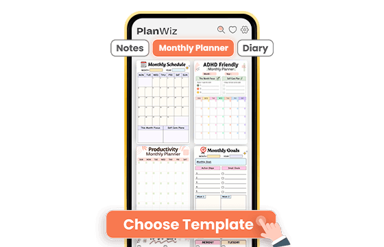 PlanWiz app screen showing monthly planner templates with Choose Template button