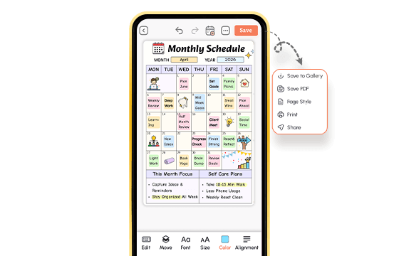 Completed monthly schedule view on mobile with self care plans and save options