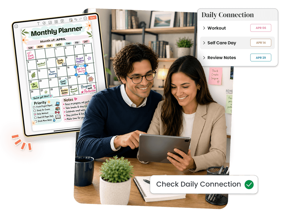  Couple viewing April monthly planner on tablet with daily connection panel