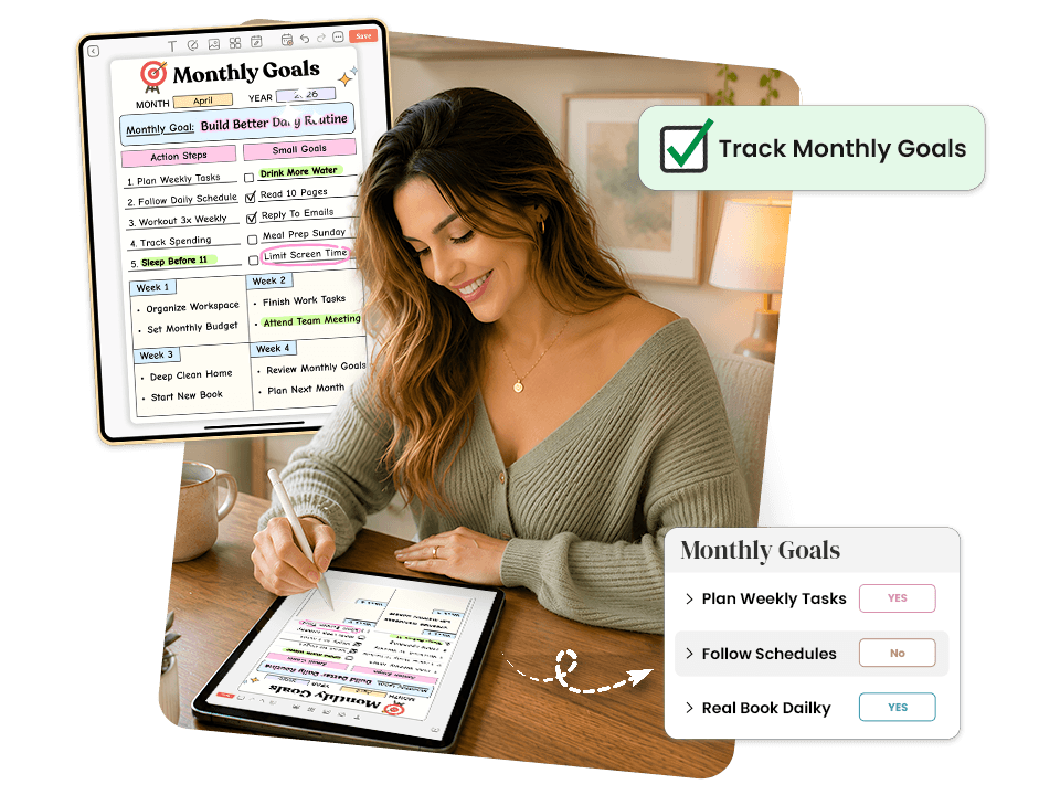 Woman tracking monthly goals on tablet with action steps and weekly task breakdown