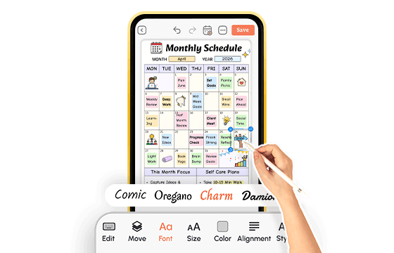 Monthly schedule template being edited with stylus, font options shown below