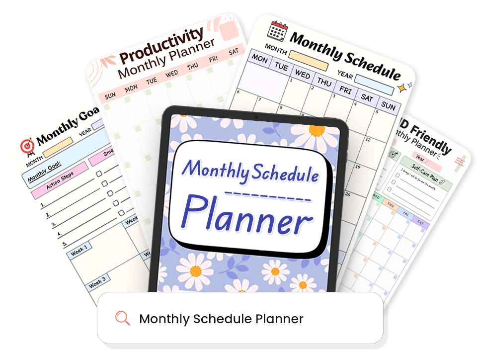 Collection of monthly schedule maker templates showing various layouts and designs