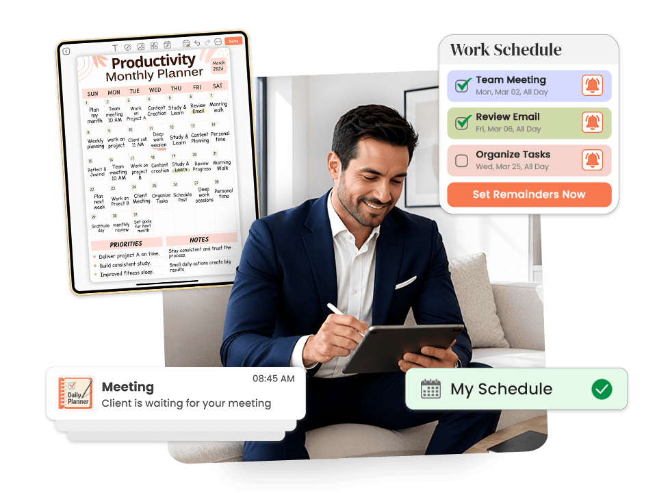 Man using productivity monthly planner on tablet with work schedule reminders panel