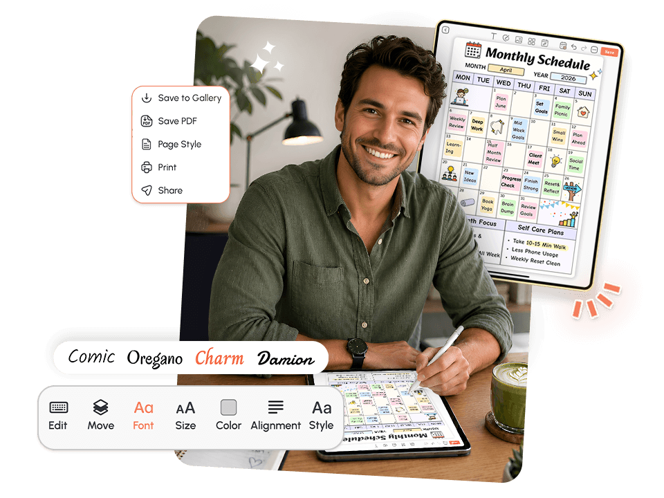 Man using monthly schedule maker on tablet with font and save options visible