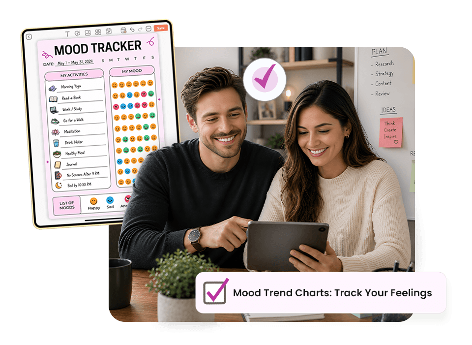 couple using tablet with mood tracker showing emoji-based activity and mood trend chart
