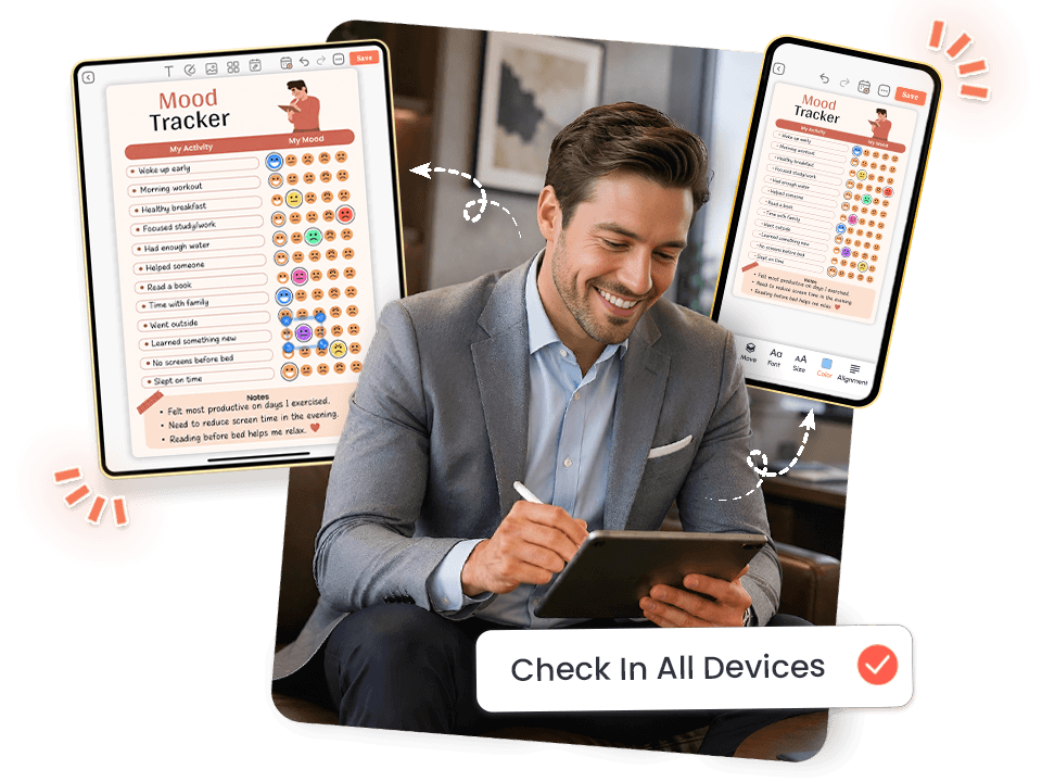 man using tablet showing mood tracker in both tablet and mobile views with editing tools