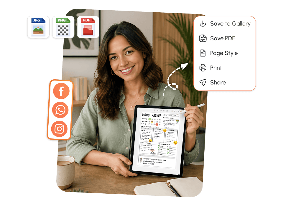 woman holding tablet with mood tracker showing save as JPG, PNG, PDF and social share options