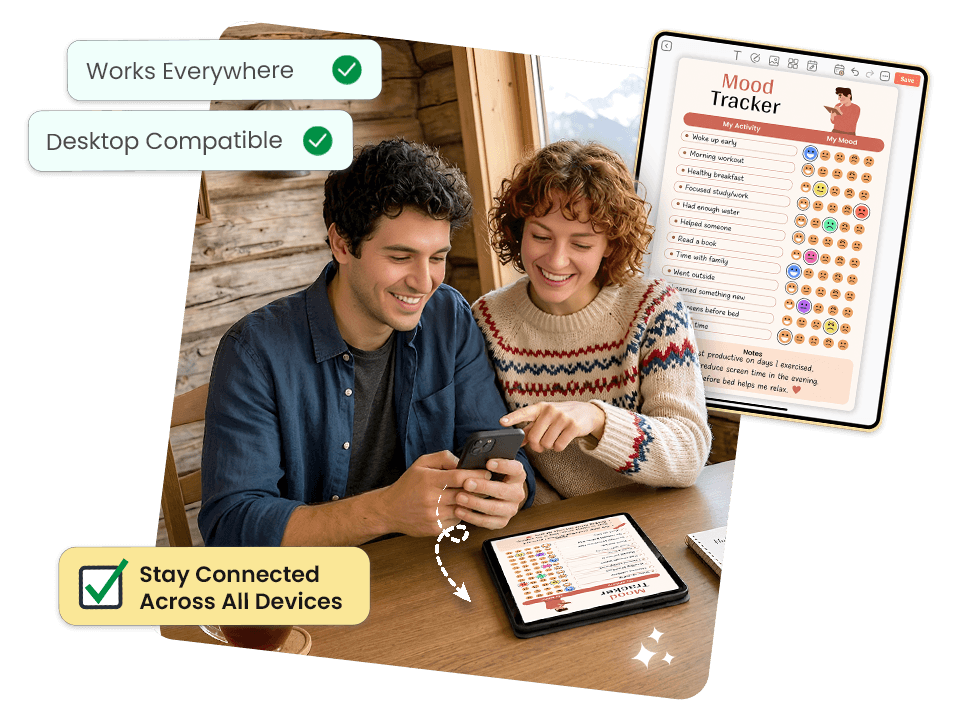 couple using phone and tablet with mood tracker showing activity and mood logging on all devices