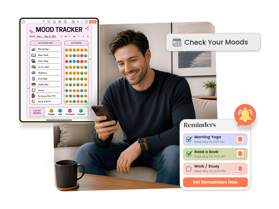 man on phone with mood tracker showing reminders for morning yoga, reading, and work study