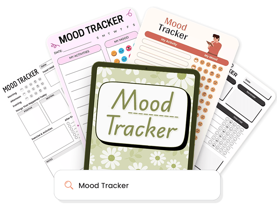 Collection of various mood tracker templates surrounding a tablet displaying floral-patterned mood tracker cover