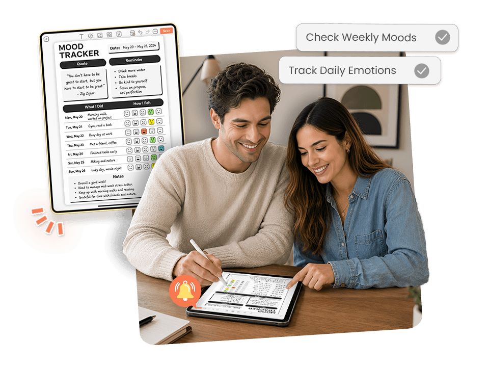 couple using tablet with weekly mood tracker showing daily activities, emotions, and notes