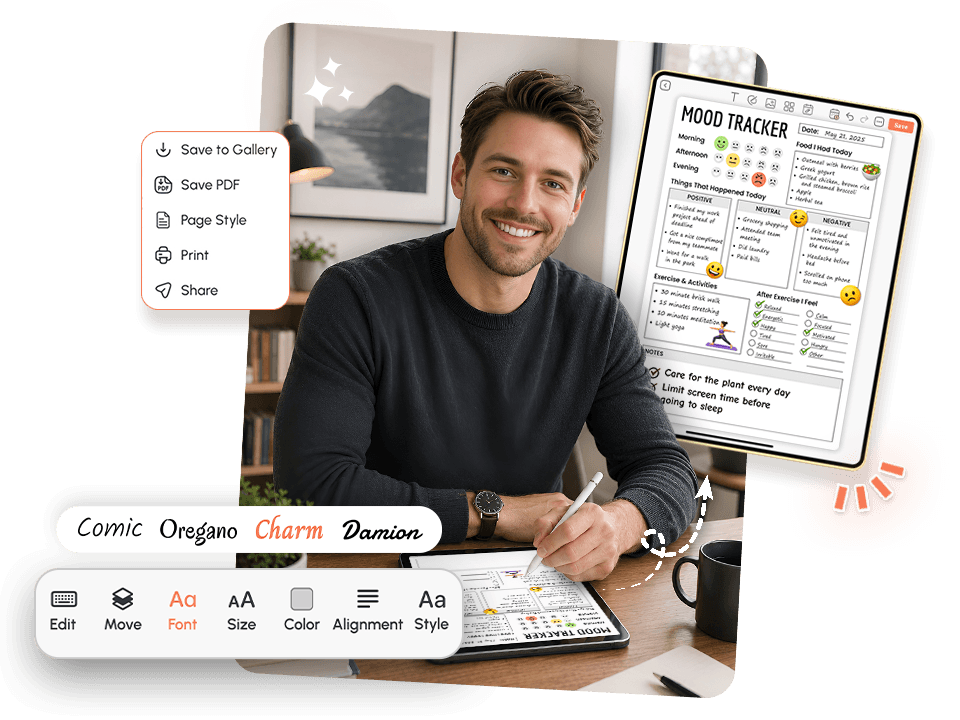 person using tablet with mood tracker showing priorities, schedule, and font editing options
