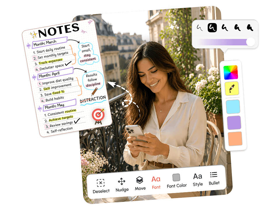 Woman customizing a monthly Notes template with font colors and bullet editing tools in PlanWiz app
