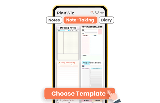 PlanWiz app screen showing Note-Taking template library with Meeting Notes, Study Note-Taking, and Project Note-Taking options
