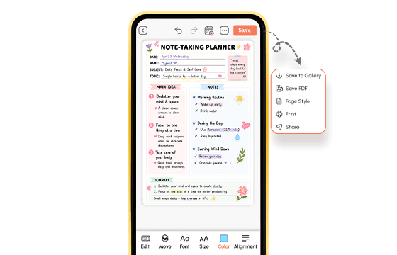 Completed Note-Taking Planner on PlanWiz app with save, print, and share options