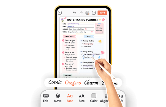 PlanWiz app screen showing customizable Note-Taking Planner template with font style options