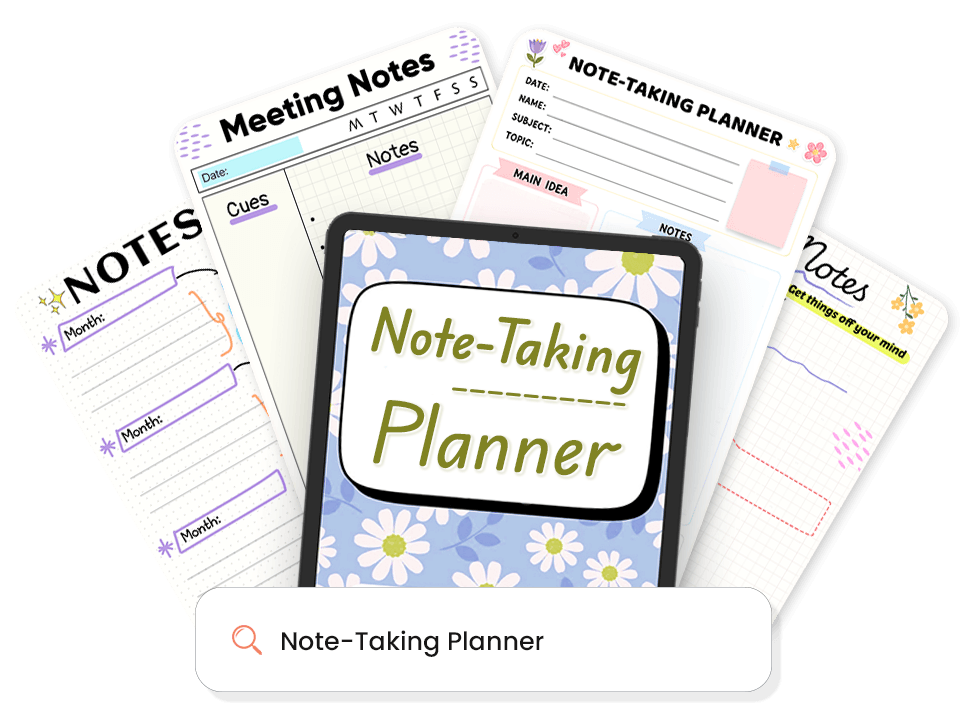 Collection of note-taking templates including Meeting Notes and Note-Taking Planner displayed on tablet