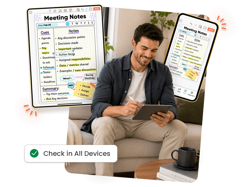 Man accessing Meeting Notes across tablet and phone with cross-device sync in PlanWiz app