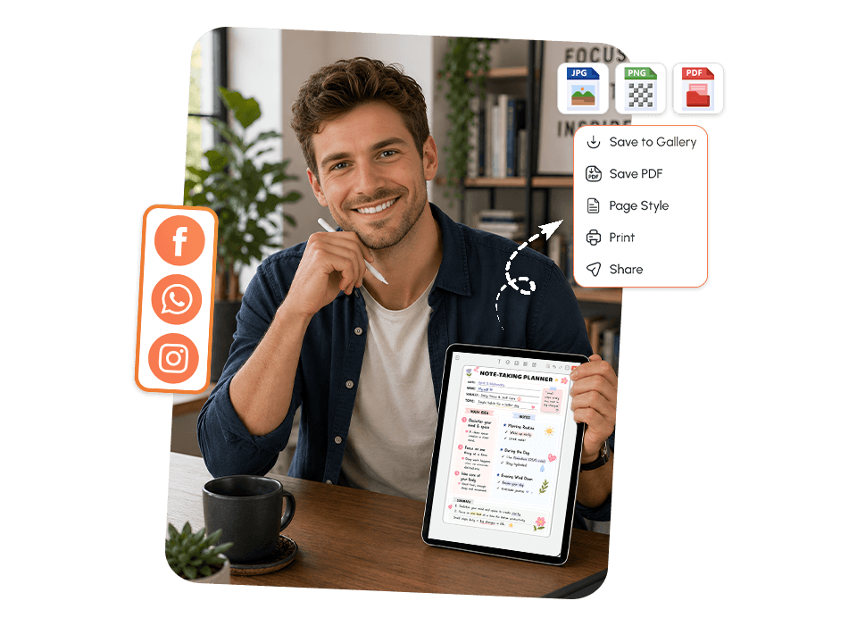 Man sharing completed Note-Taking Planner as JPG, PNG, or PDF via social media in PlanWiz app