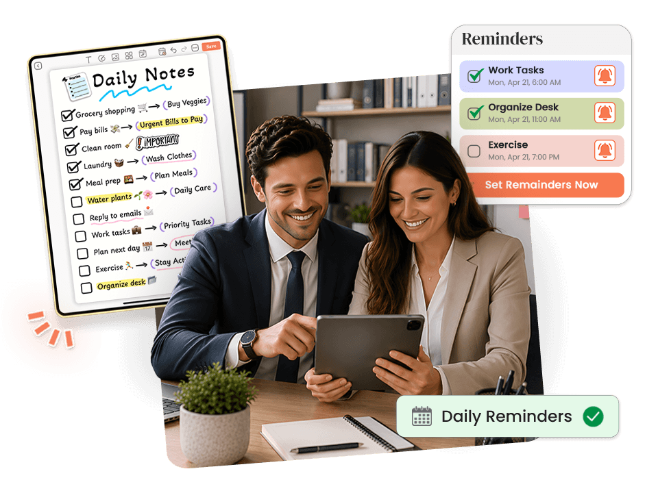 Two professionals using Daily Notes with task reminders for work tasks, desk organization, and exercise in PlanWiz