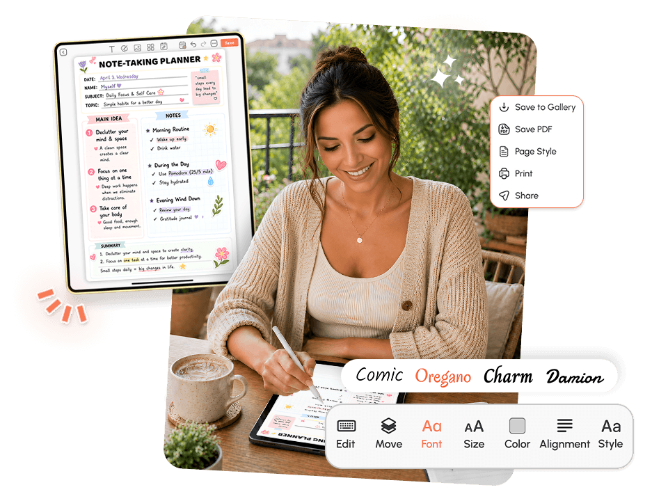 Woman customizing a Note-Taking Planner template on tablet with font and editing tools in PlanWiz