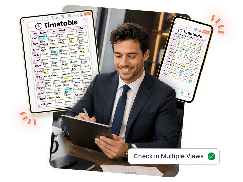 Man checking weekly timetable across tablet and mobile with multiple view layouts