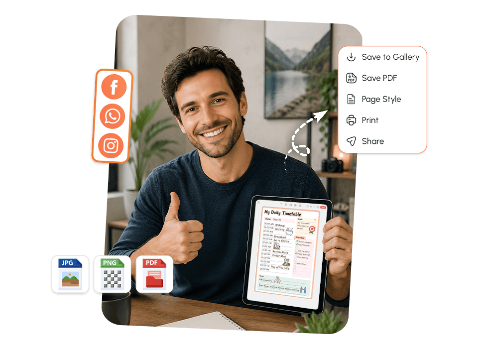 Man holding tablet with daily timetable open, showing save and share options in JPG, PNG, PDF