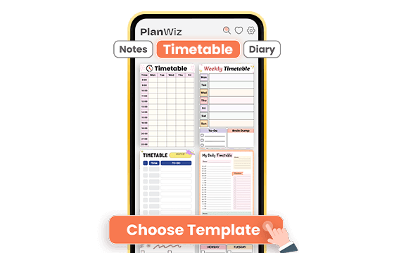 PlanWiz app screen showing timetable templates with Choose Template button