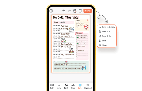 Completed daily timetable on mobile with goals, priorities, and save options