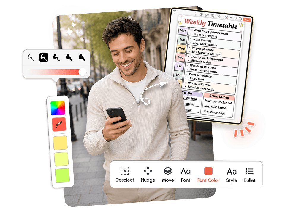 Man customizing weekly timetable with font color and style tools on mobile