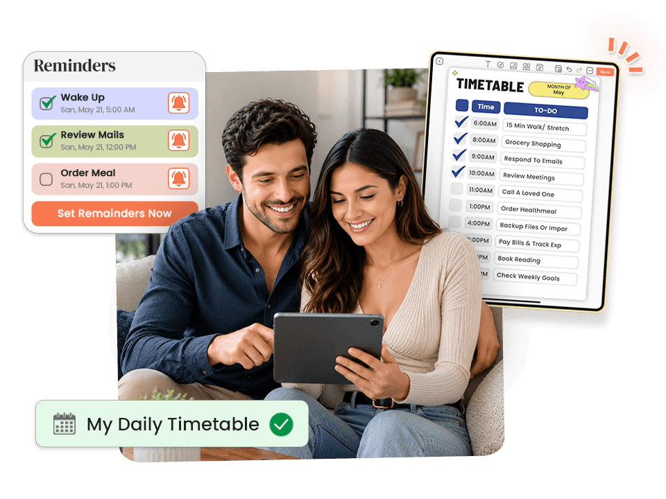  Couple viewing daily timetable on tablet with smart reminders panel and set reminders button