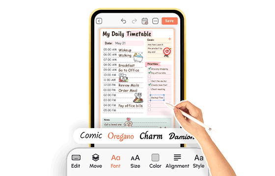 Daily timetable being edited with stylus, font options shown below