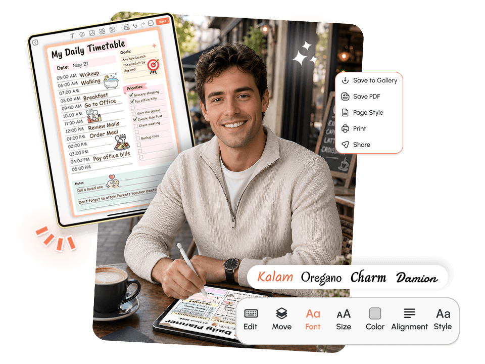 Man using daily timetable maker on tablet with goals, priorities, and save options visible