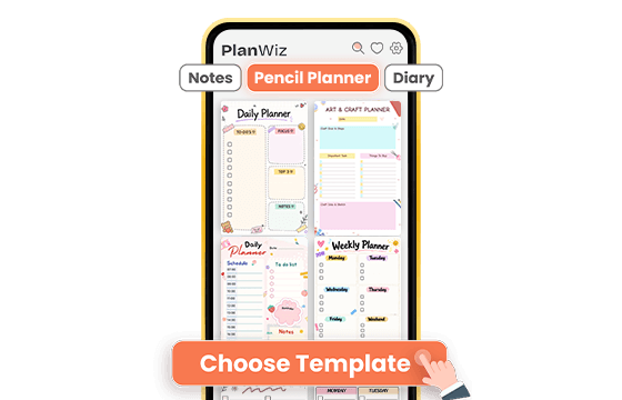 PlanWiz app screen showing Pencil Planner template library with Daily Planner, Weekly Planner, and Art & Craft options