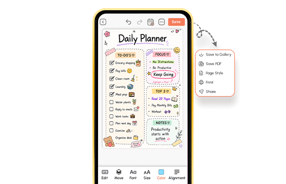 Completed Daily Planner on PlanWiz app with to-do list, focus section, and save, print, share options