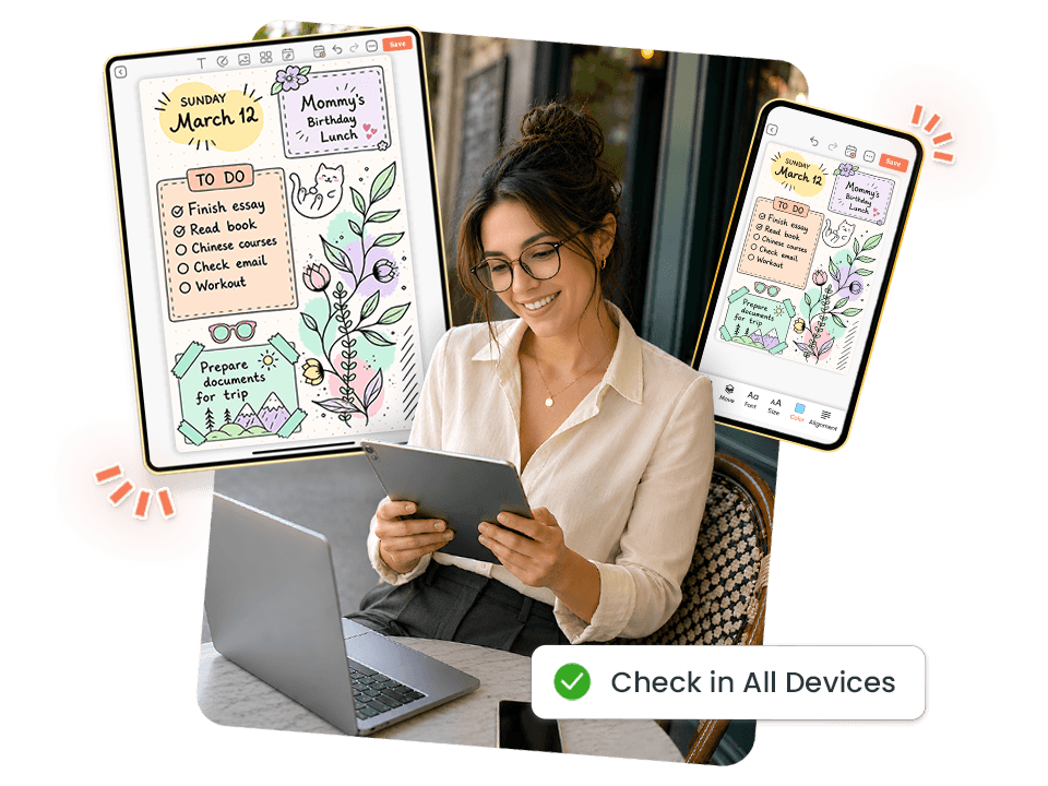 Woman accessing pencil planner to-do list across tablet and phone with cross-device sync in PlanWiz