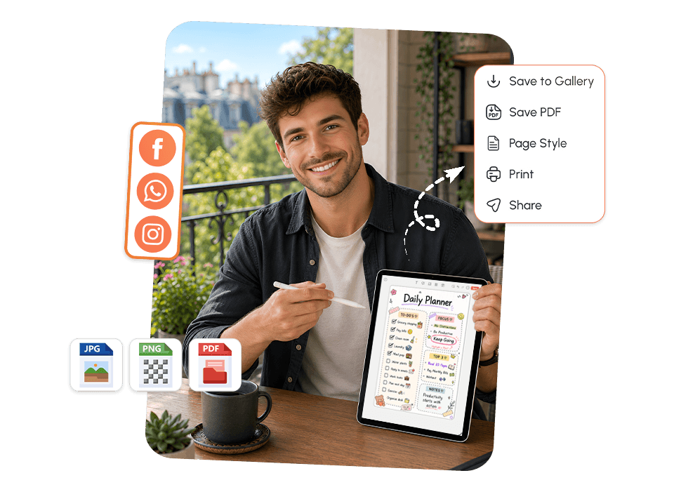Man sharing completed Daily Planner as JPG, PNG, or PDF via social media in PlanWiz app