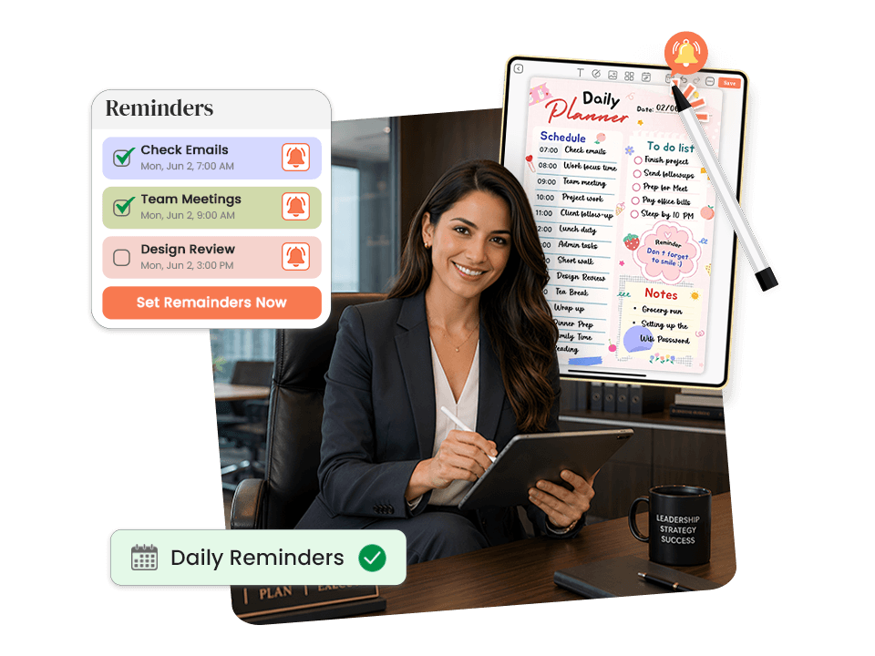 Professional woman using Daily Planner with daily reminders for emails, team meetings, and design review in PlanWiz