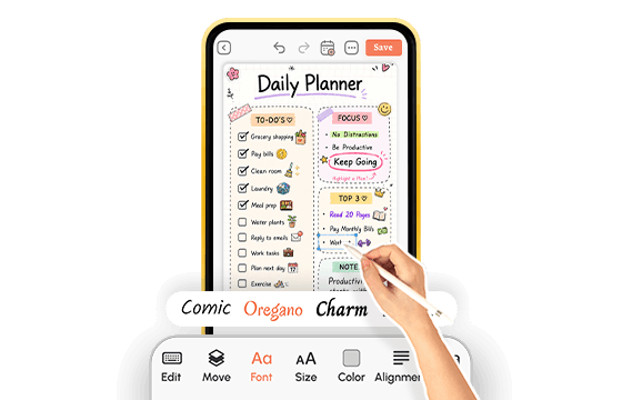 PlanWiz app screen showing customizable Daily Planner template with font style options and Apple Pencil