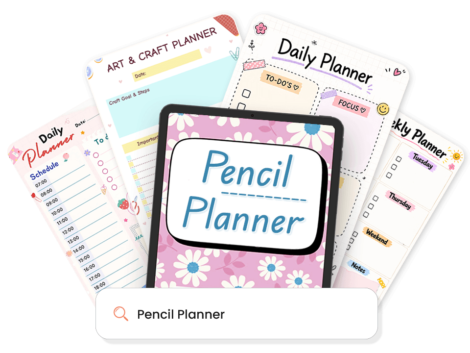 Collection of pencil planner templates including Daily Planner, Weekly Planner, and Art & Craft Planner displayed on tablet