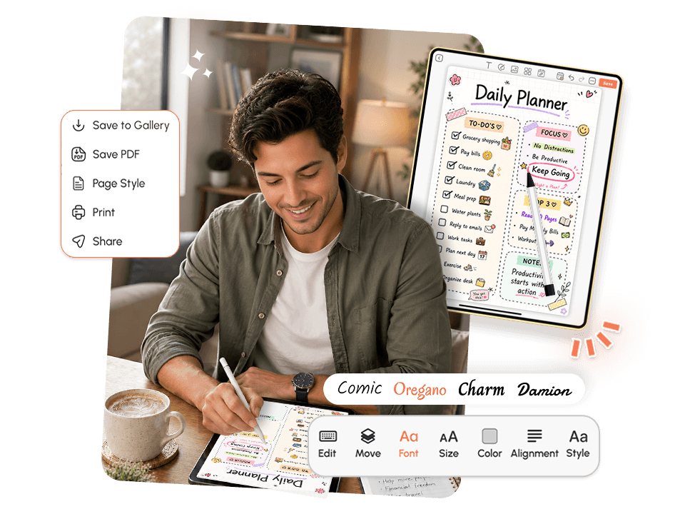 Man customizing a Daily Planner template on tablet with font and editing tools in PlanWiz pencil planner app
